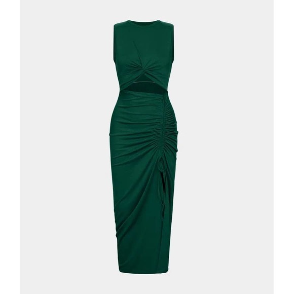 Halara Round Neck Twisted Cut Out Ruched Drawstring Split Hem Bodycon Midi Dress - Picture 1 of 5